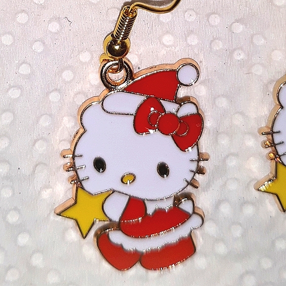 HelloโKitty Winter Holiday Gold Star Earrings.Red Whte Gold Enamel Earwiโฆ - Picture 2 of 8